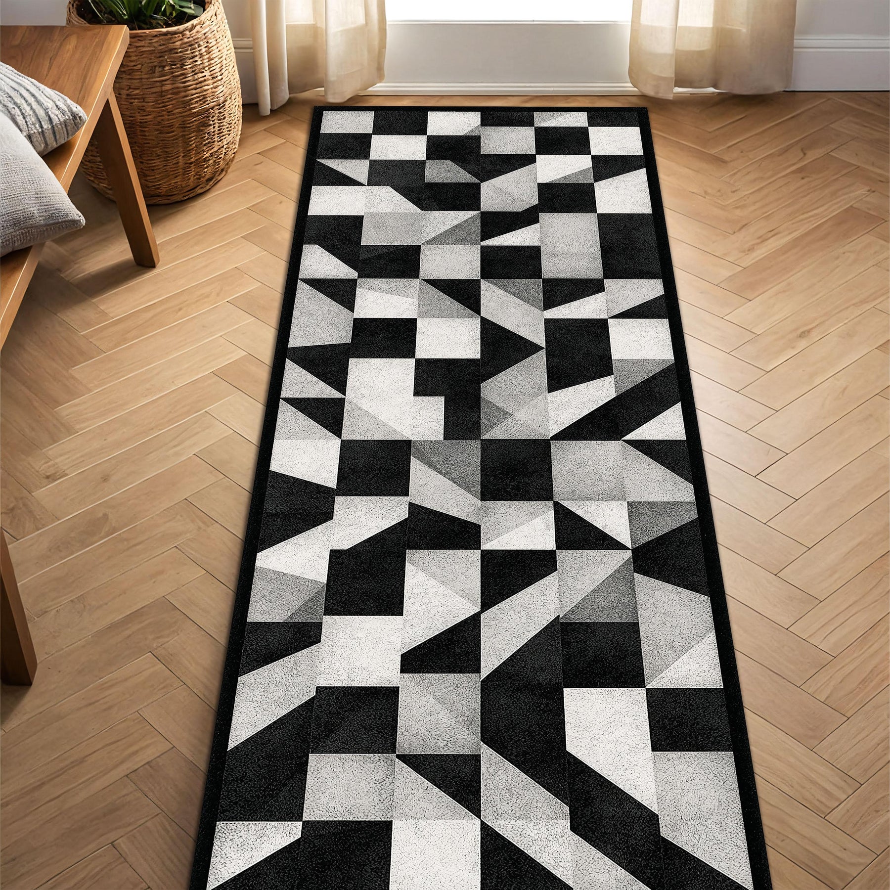 Modern Geometric Runner Rug in Black White Gray – Contemporary Hallway Entryway Kitchen Carpet, Low Pile Easy Care, Washable Non Slip Carpet