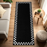 Black Checkerboard Border Runner Rug, Modern Black and White Hallway Runner, Minimalist Entryway Carpet, Geometric Checkered Floor Decor