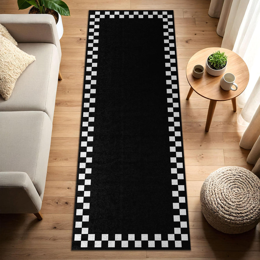 Black Checkerboard Border Runner Rug, Modern Black and White Hallway Runner, Minimalist Entryway Carpet, Geometric Checkered Floor Decor