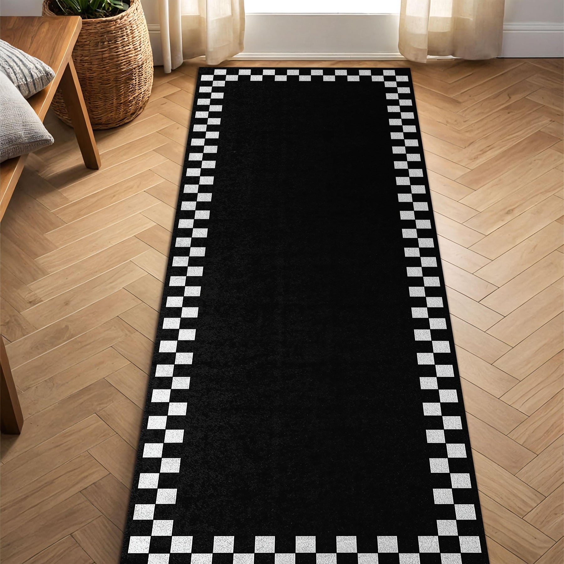 Black Checkerboard Border Runner Rug, Modern Black and White Hallway Runner, Minimalist Entryway Carpet, Geometric Checkered Floor Decor