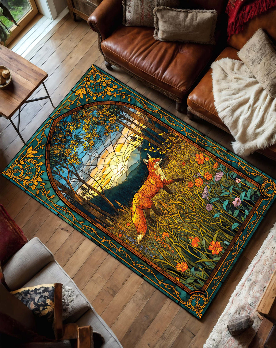 Stained Glass Fox Area Rug – Art Nouveau Woodland Carpet, Colorful Nature Decor for Living Room Bedroom, Cottagecore Rustic Boho Floor Mat