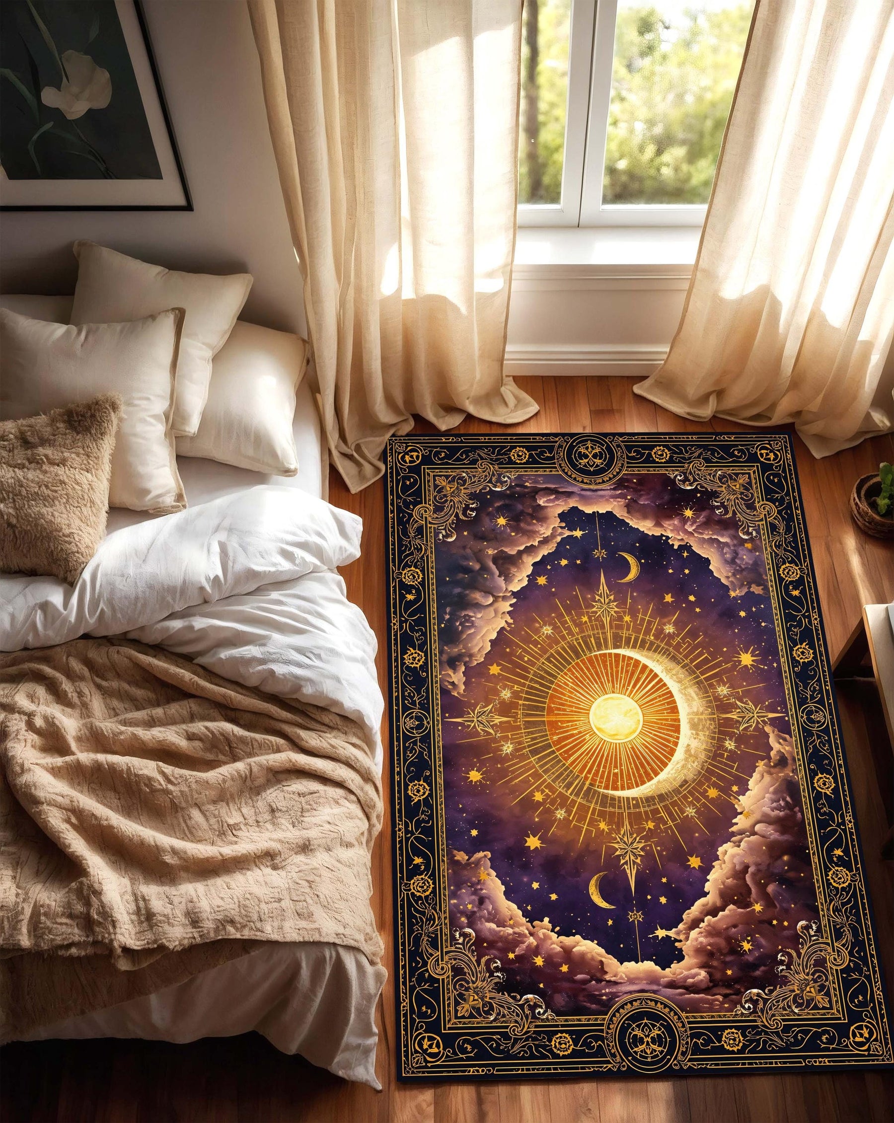 Celestial Sun Moon Area Rug, Boho Astrology Carpet, Vintage Starry Night Living Room Decor, Mystical Galaxy Floor Mat, Witchy Gift