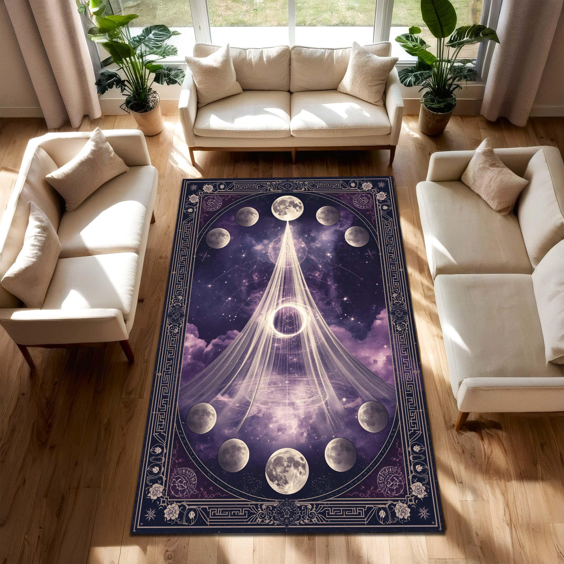 Celestial Moon Phases Area Rug in Purple Galaxy, Witchy Boho Astrology Carpet, Zodiac Constellation Floor Mat for Living Room Bedroom Decor