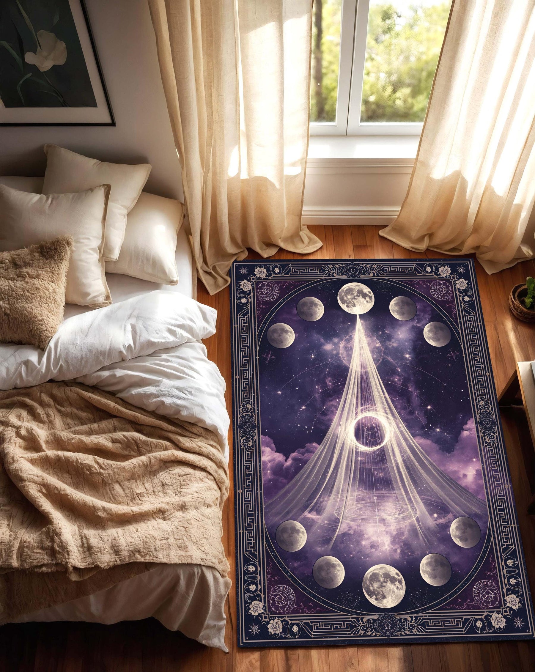 Celestial Moon Phases Area Rug in Purple Galaxy, Witchy Boho Astrology Carpet, Zodiac Constellation Floor Mat for Living Room Bedroom Decor
