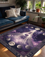 Celestial Moon Phases Area Rug in Purple Galaxy, Witchy Boho Astrology Carpet, Zodiac Constellation Floor Mat for Living Room Bedroom Decor
