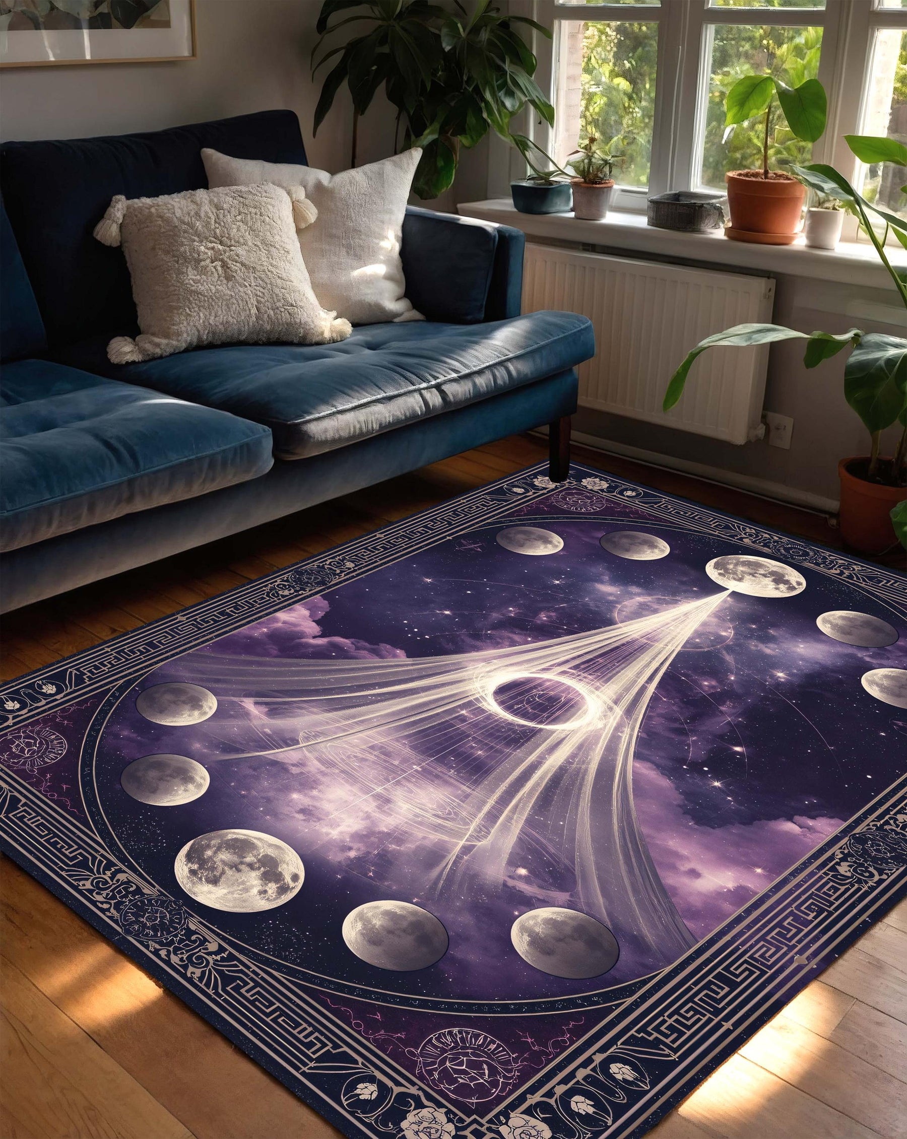 Celestial Moon Phases Area Rug in Purple Galaxy, Witchy Boho Astrology Carpet, Zodiac Constellation Floor Mat for Living Room Bedroom Decor