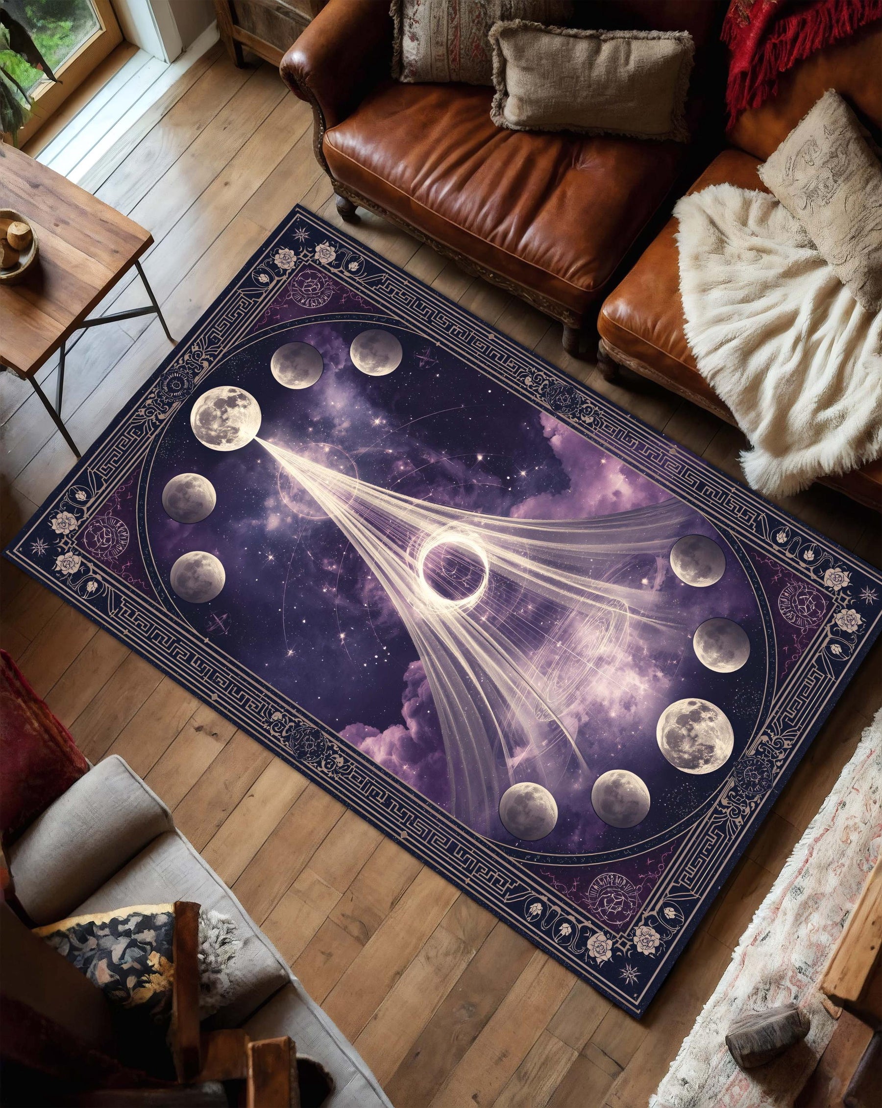 Celestial Moon Phases Area Rug in Purple Galaxy, Witchy Boho Astrology Carpet, Zodiac Constellation Floor Mat for Living Room Bedroom Decor