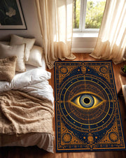 All Seeing Eye Rug, Mystical Celestial Area Carpet in Navy Gold, Occult Boho Witchy Decor, Esoteric Astrology Living Room Bedroom Mat