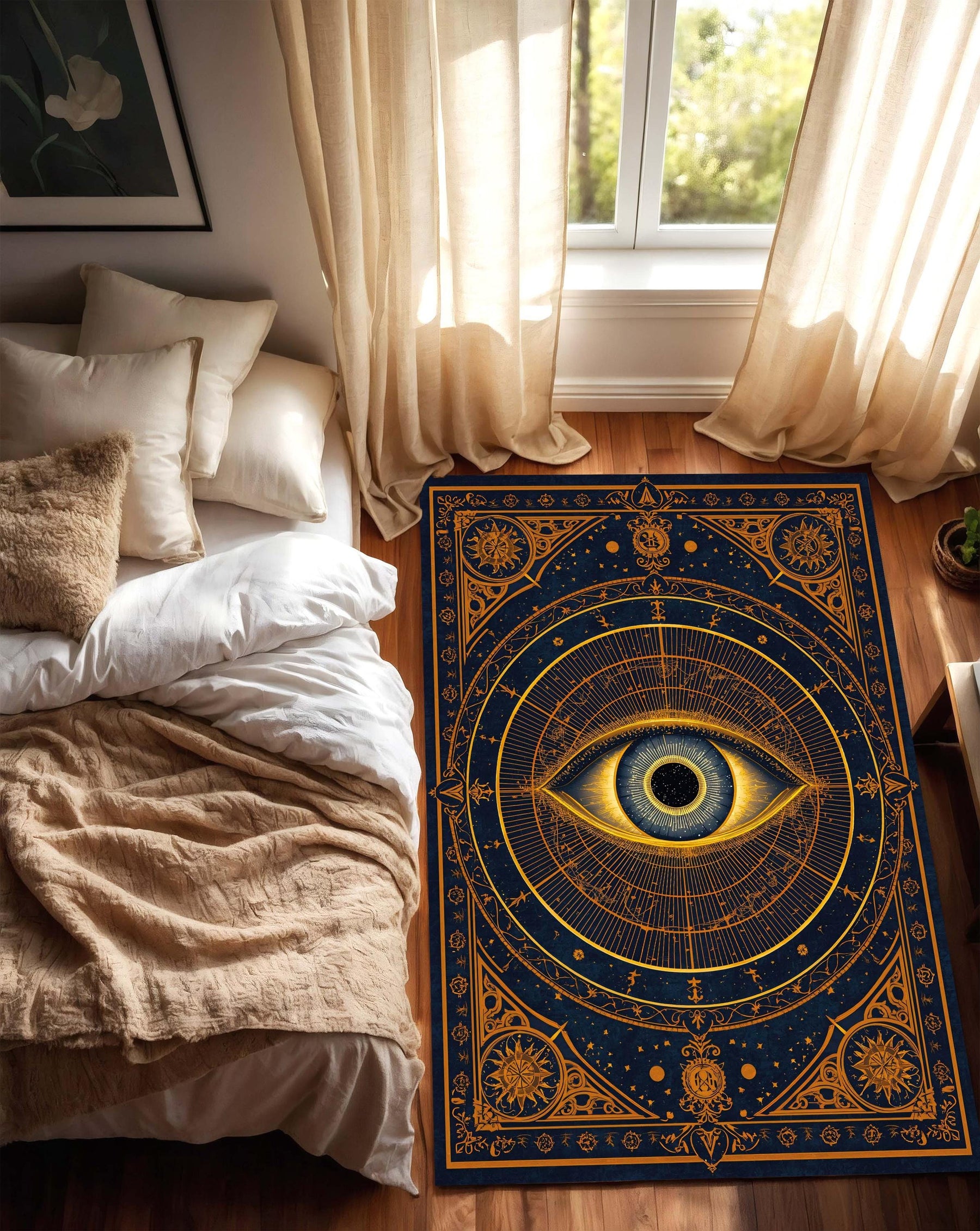 All Seeing Eye Rug, Mystical Celestial Area Carpet in Navy Gold, Occult Boho Witchy Decor, Esoteric Astrology Living Room Bedroom Mat