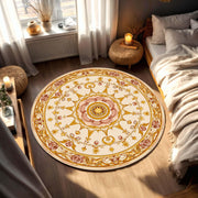 Round Vintage Floral Mandala Rug, Art Nouveau Medallion Carpet in Warm Gold Rose Tones, Boho Bedroom Living Room Accent, Non Slip Washable