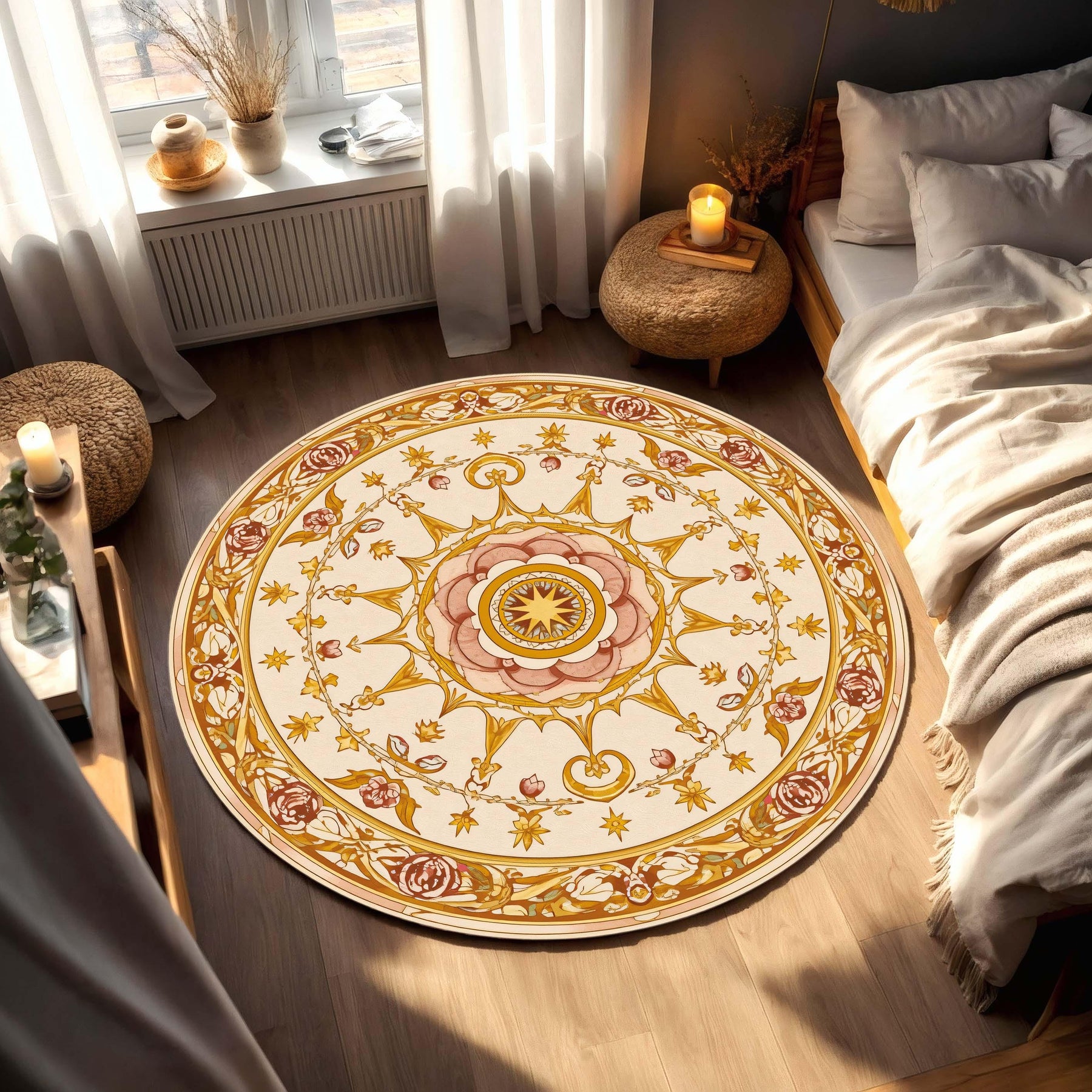 Round Vintage Floral Mandala Rug, Art Nouveau Medallion Carpet in Warm Gold Rose Tones, Boho Bedroom Living Room Accent, Non Slip Washable