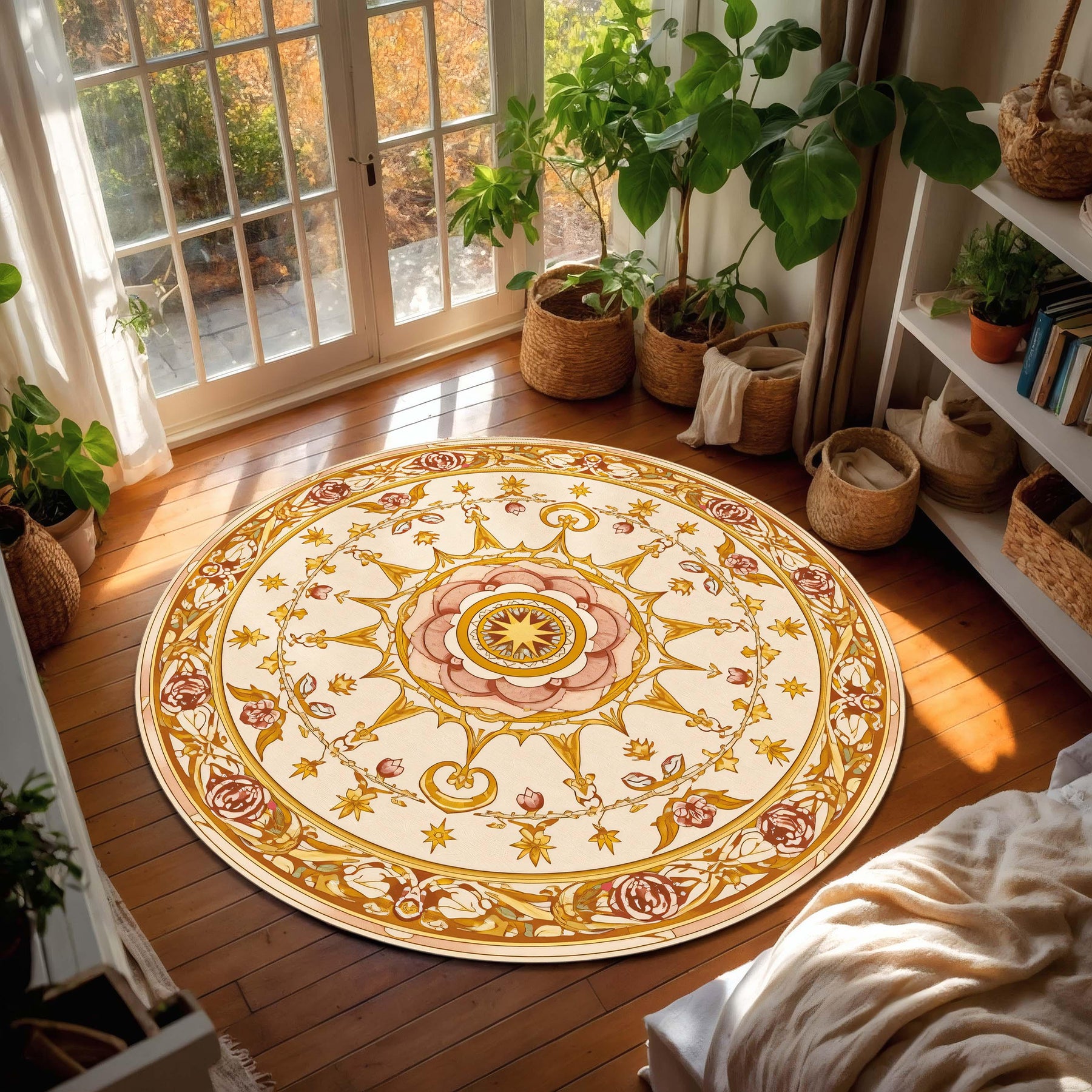 Round Vintage Floral Mandala Rug, Art Nouveau Medallion Carpet in Warm Gold Rose Tones, Boho Bedroom Living Room Accent, Non Slip Washable