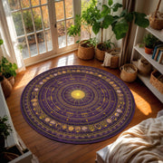 Astrology Round Rug Purple Gold Zodiac Circle, Celestial Sun Moon Phases Boho Area Carpet for Living Room Bedroom Meditation Nook Decor