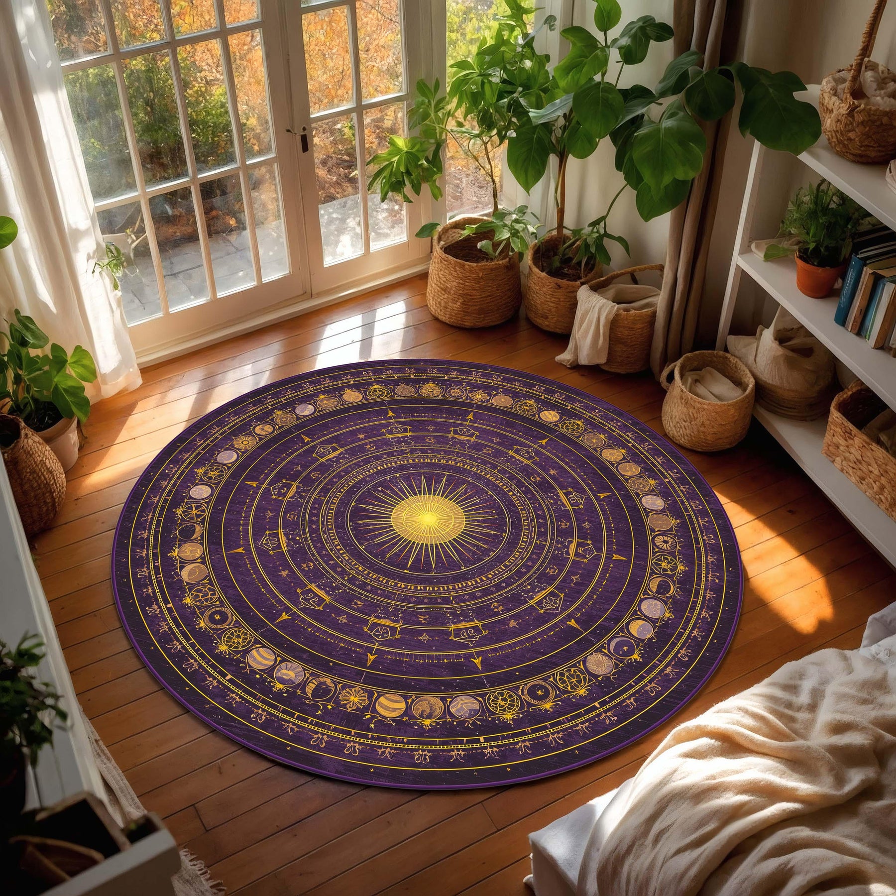 Astrology Round Rug Purple Gold Zodiac Circle, Celestial Sun Moon Phases Boho Area Carpet for Living Room Bedroom Meditation Nook Decor