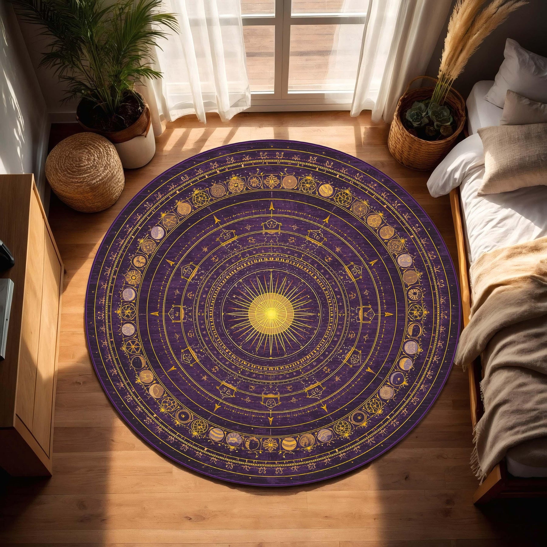 Astrology Round Rug Purple Gold Zodiac Circle, Celestial Sun Moon Phases Boho Area Carpet for Living Room Bedroom Meditation Nook Decor