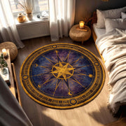 Celestial Compass Rose Round Rug – Zodiac Star Map Circle Carpet in Navy and Gold, Mystic Boho Astrology Decor for Living Room Bedroom
