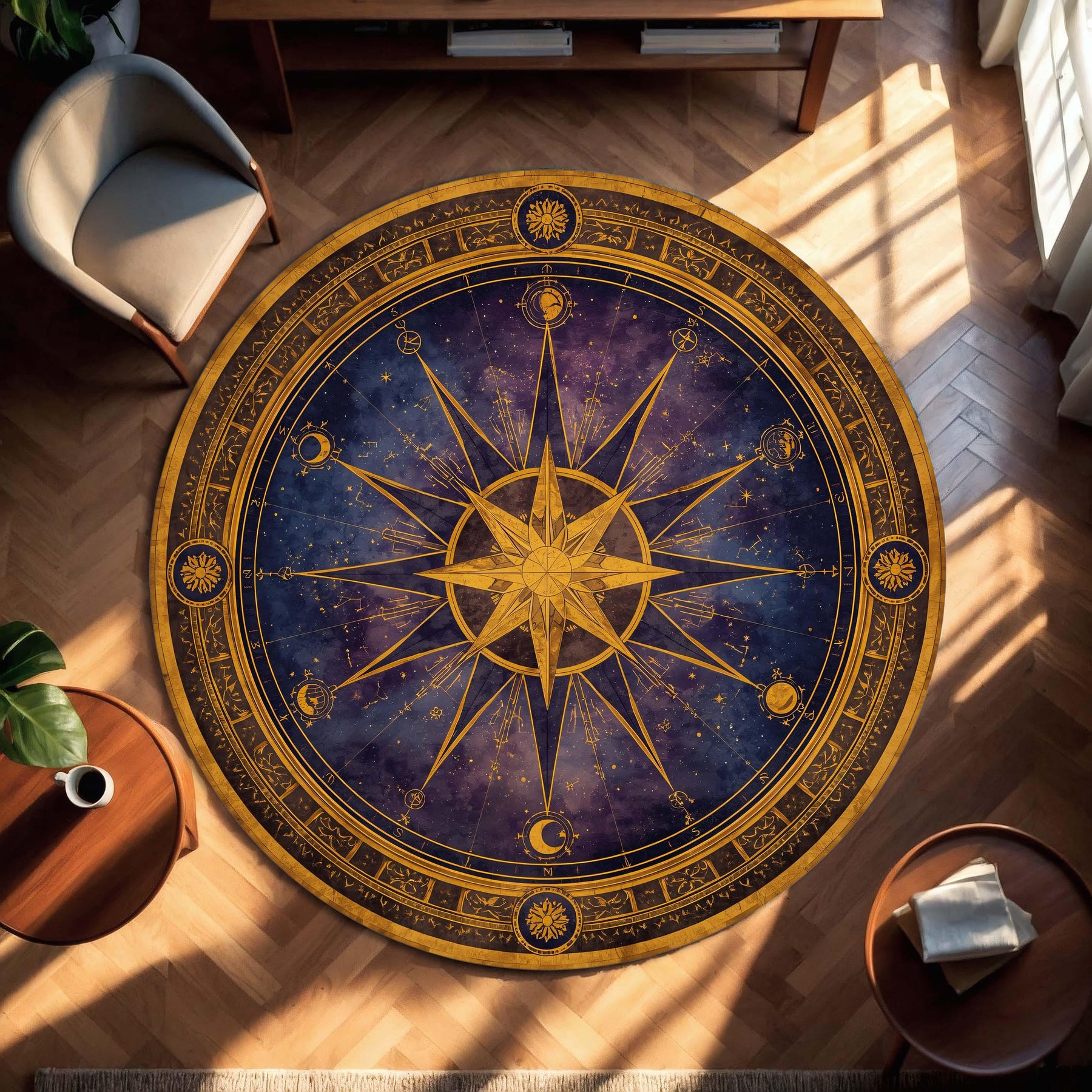 Celestial Compass Rose Round Rug – Zodiac Star Map Circle Carpet in Navy and Gold, Mystic Boho Astrology Decor for Living Room Bedroom