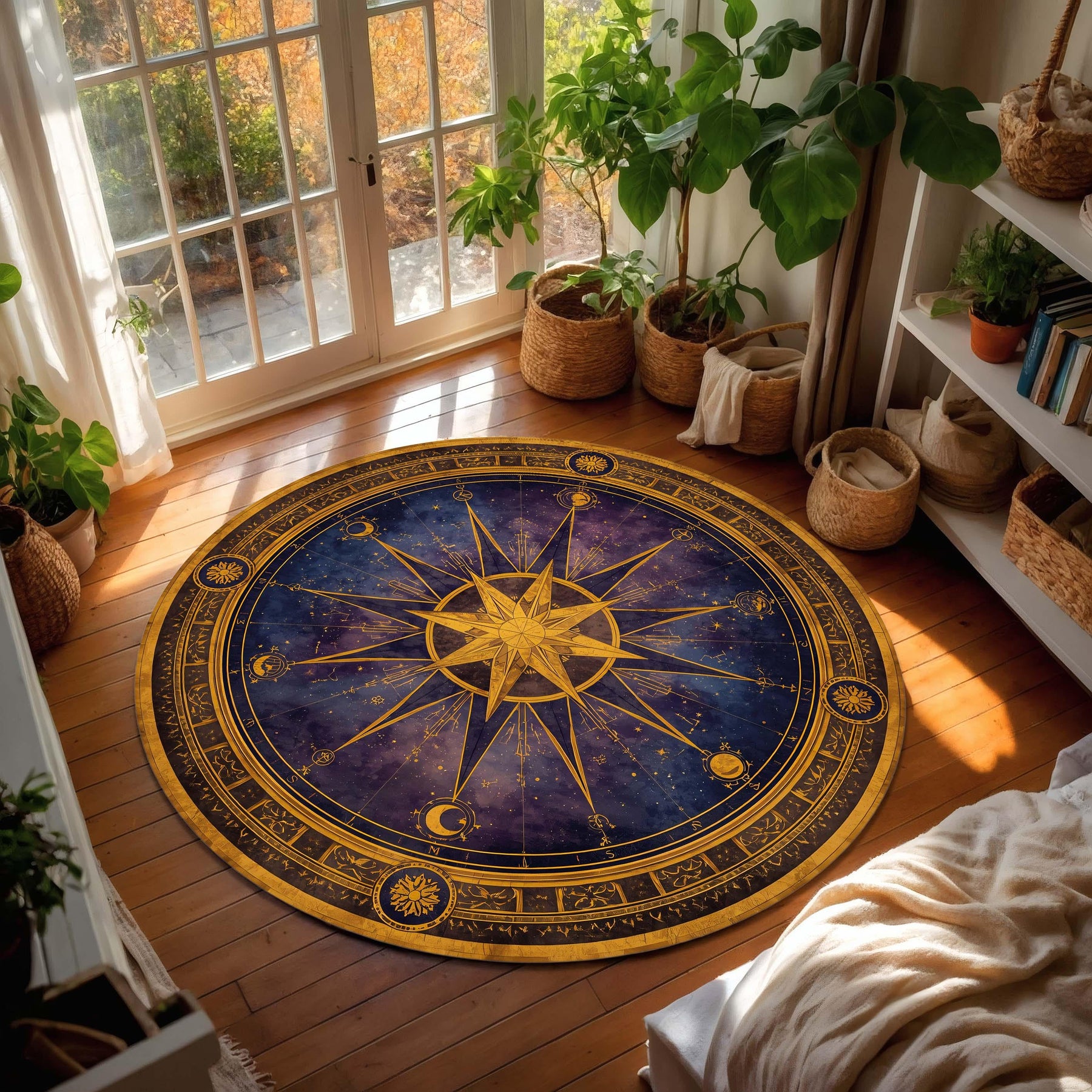 Celestial Compass Rose Round Rug – Zodiac Star Map Circle Carpet in Navy and Gold, Mystic Boho Astrology Decor for Living Room Bedroom