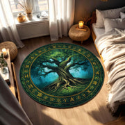 Tree of Life Round Rug with Celtic Runes, Mystical Forest Green Circle Carpet, Boho Pagan Decor for Living Room Bedroom or Meditation Space
