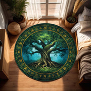 Tree of Life Round Rug with Celtic Runes, Mystical Forest Green Circle Carpet, Boho Pagan Decor for Living Room Bedroom or Meditation Space
