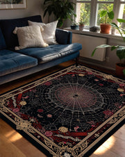 Gothic Spider Web Area Rug with Roses & Ornate Borders, Dark Vintage Boho Witchy Decor, Black Red Living Room Bedroom Aesthetic Carpet