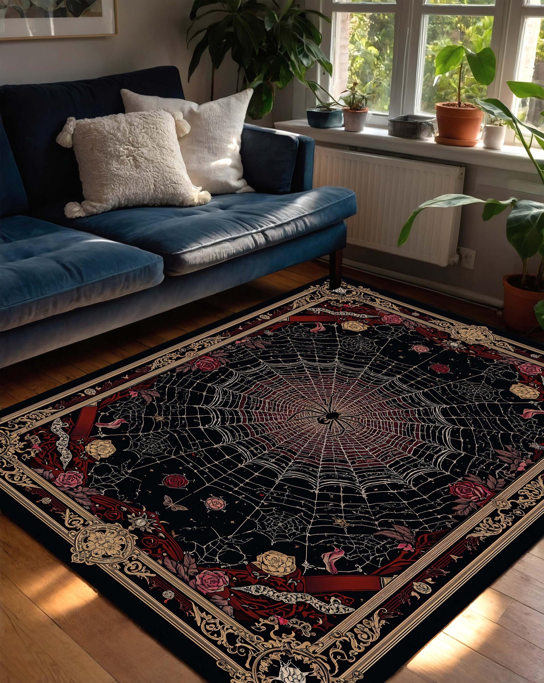 Gothic Spider Web Area Rug with Roses & Ornate Borders, Dark Vintage Boho Witchy Decor, Black Red Living Room Bedroom Aesthetic Carpet