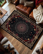 Gothic Spider Web Area Rug with Roses & Ornate Borders, Dark Vintage Boho Witchy Decor, Black Red Living Room Bedroom Aesthetic Carpet
