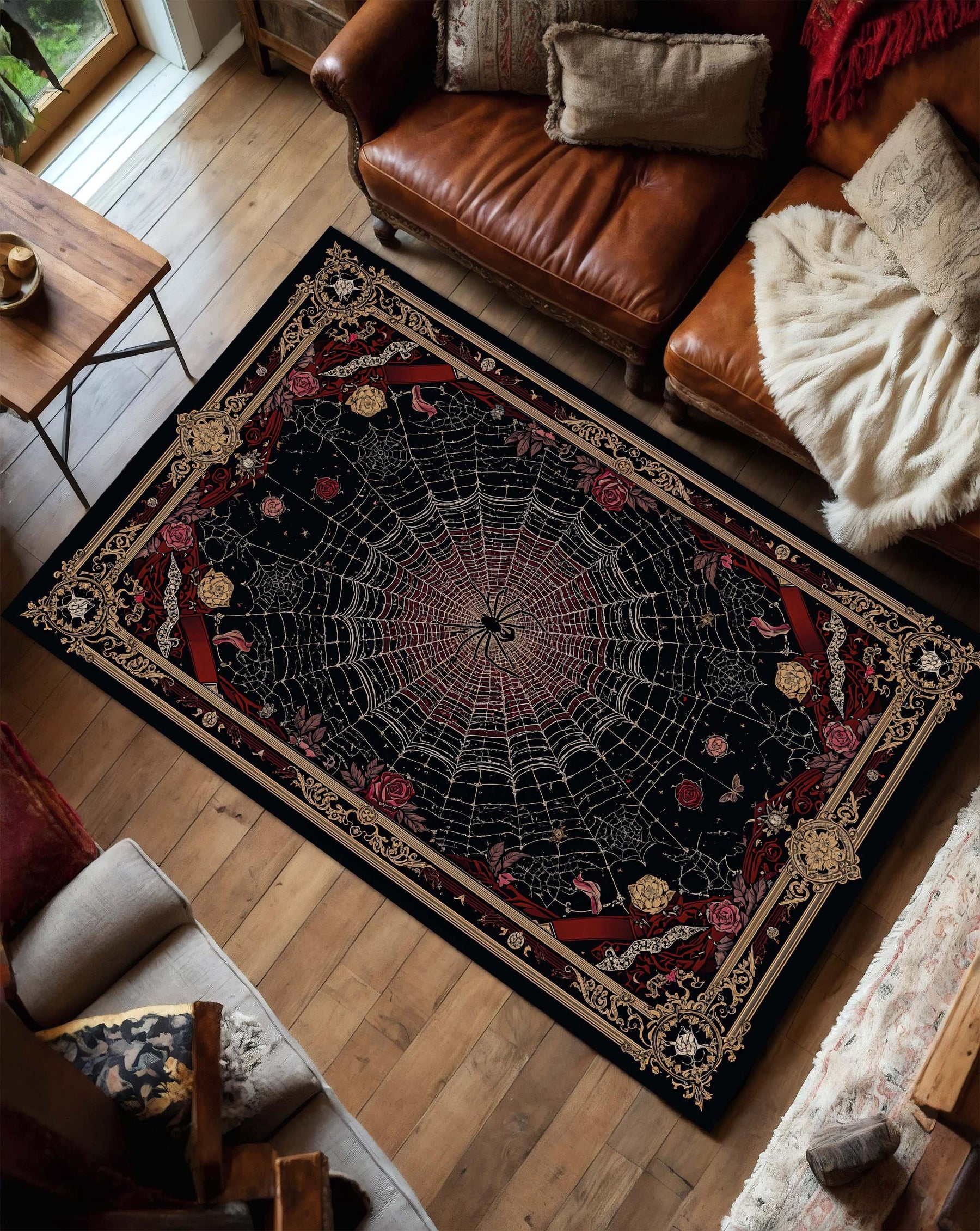 Gothic Spider Web Area Rug with Roses & Ornate Borders, Dark Vintage Boho Witchy Decor, Black Red Living Room Bedroom Aesthetic Carpet