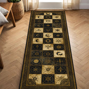 Occult Symbol Runner Rug, Vintage Celestial Alchemy Hallway Carpet, Gothic Moon Stars Grid in Black Beige, Entryway Kitchen Runner Decor