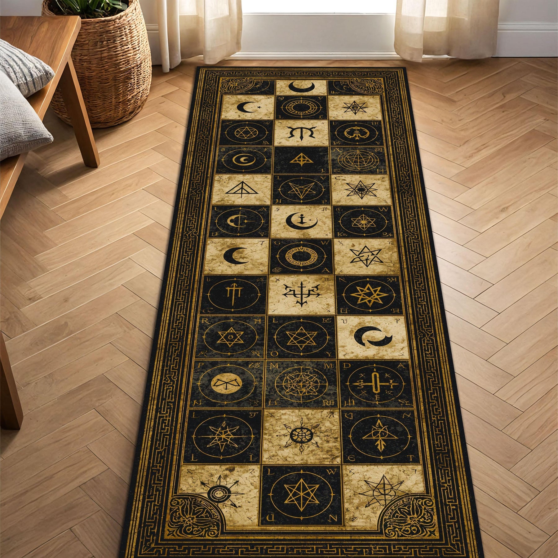 Occult Symbol Runner Rug, Vintage Celestial Alchemy Hallway Carpet, Gothic Moon Stars Grid in Black Beige, Entryway Kitchen Runner Decor