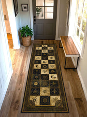 Occult Symbol Runner Rug, Vintage Celestial Alchemy Hallway Carpet, Gothic Moon Stars Grid in Black Beige, Entryway Kitchen Runner Decor