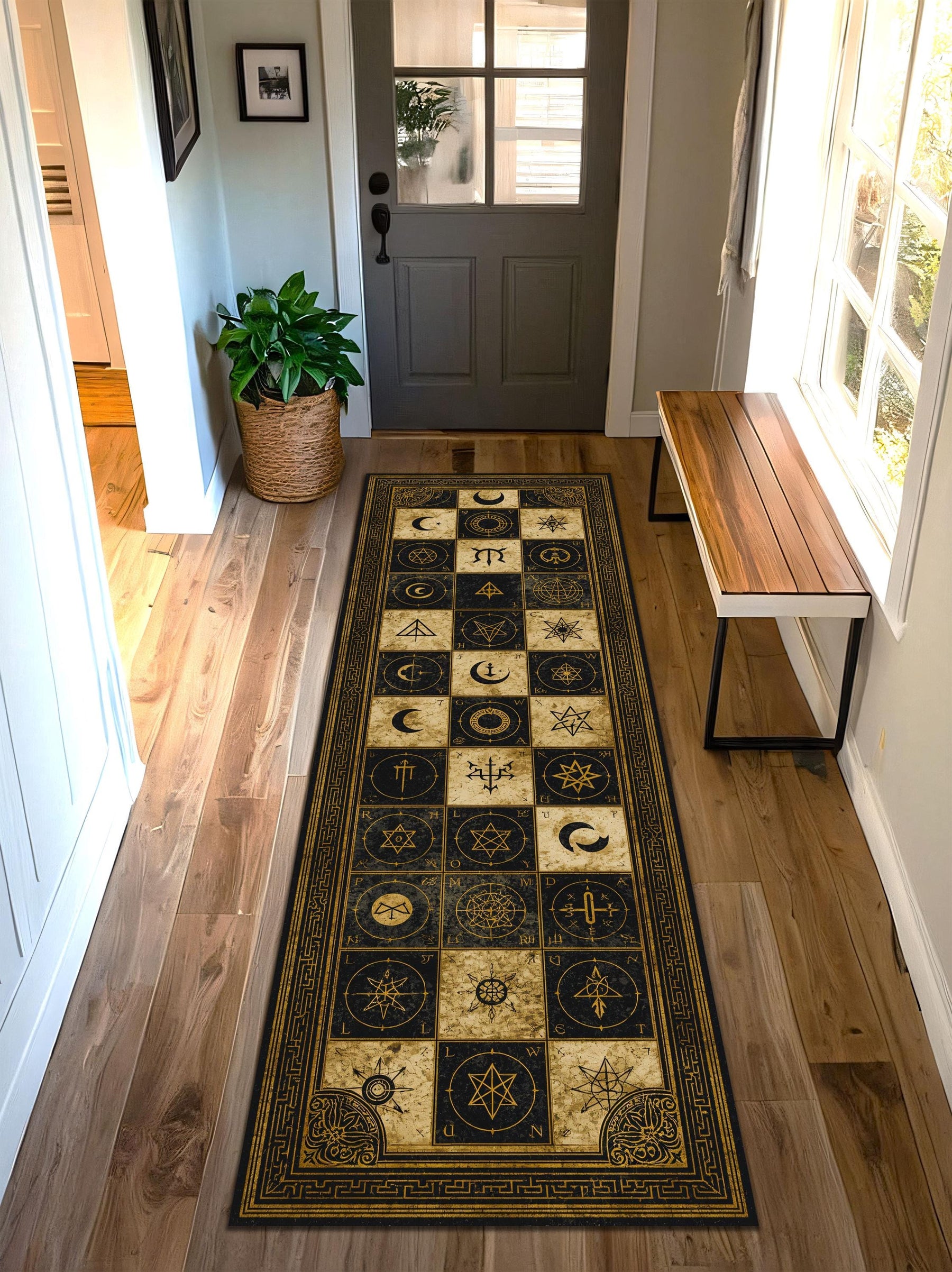 Occult Symbol Runner Rug, Vintage Celestial Alchemy Hallway Carpet, Gothic Moon Stars Grid in Black Beige, Entryway Kitchen Runner Decor