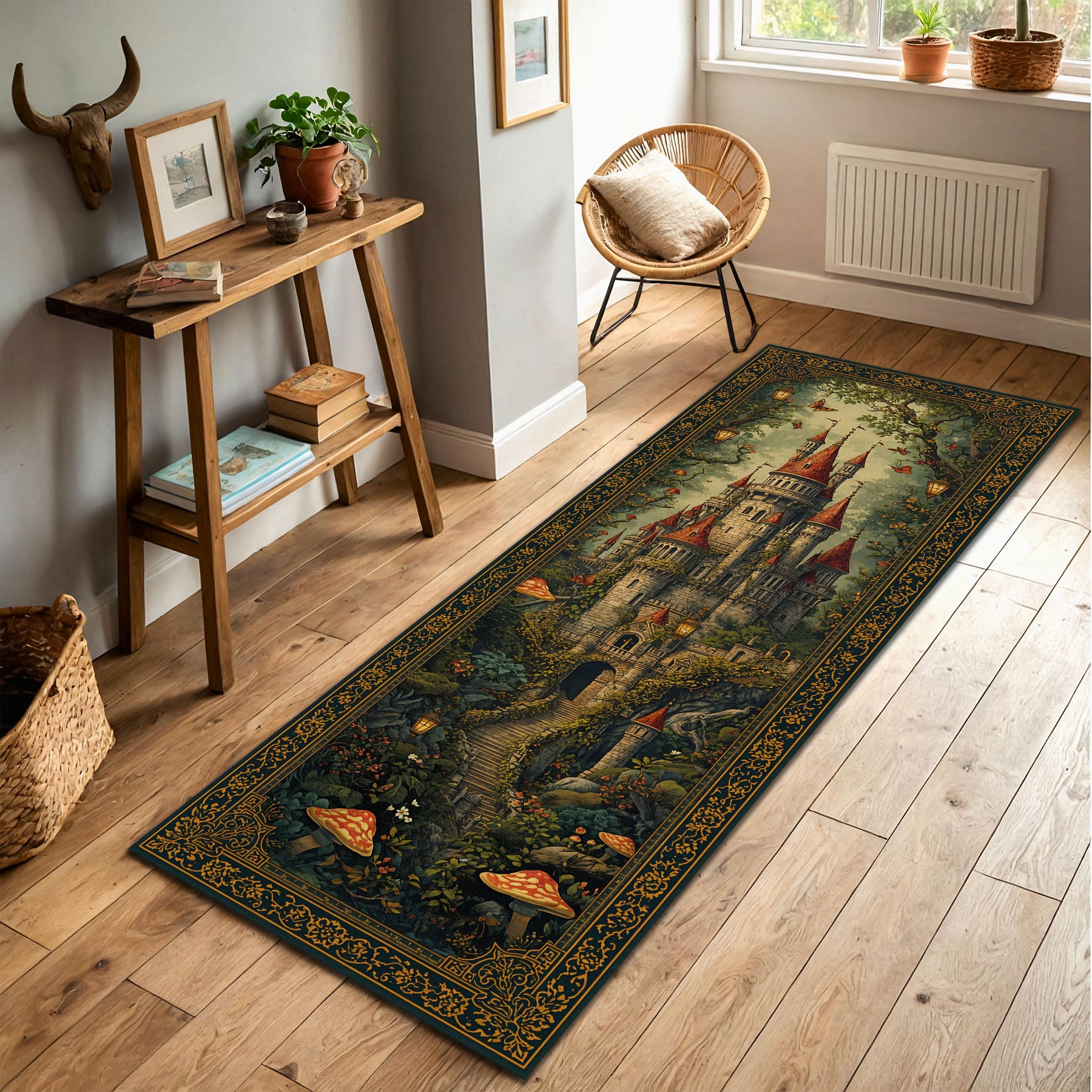 Fairytale Castle Runner Rug for Hallway, Medieval Castlecore Carpet, Enchanted Forest Toadstool Path, Vintage Cottagecore Storybook Decor