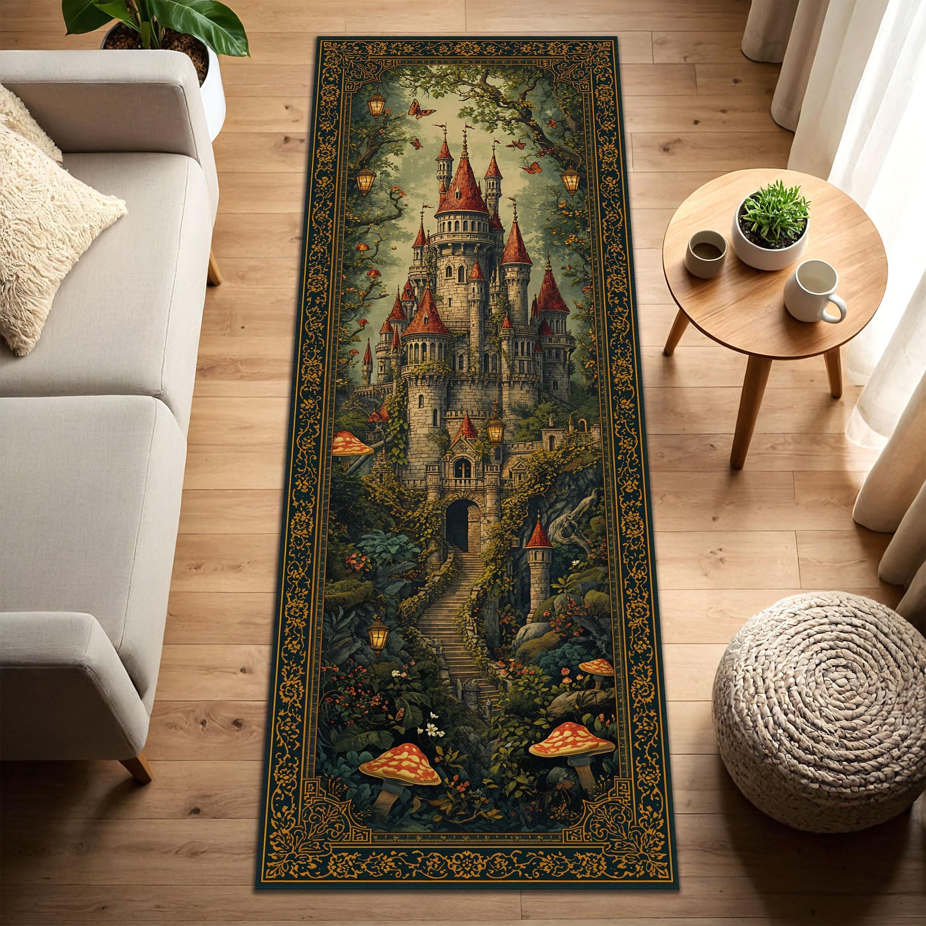 Fairytale Castle Runner Rug for Hallway, Medieval Castlecore Carpet, Enchanted Forest Toadstool Path, Vintage Cottagecore Storybook Decor
