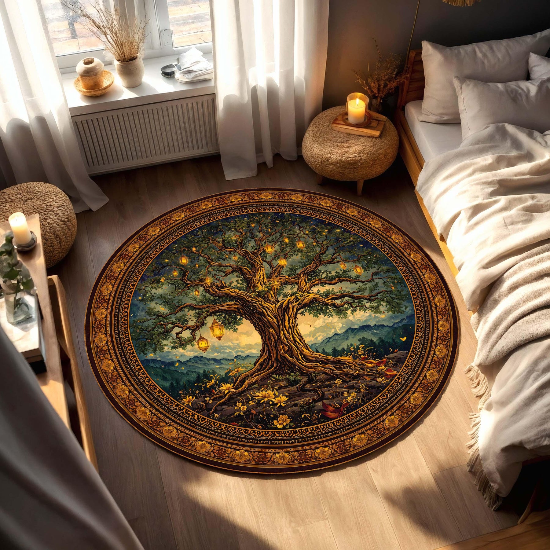 Enchanted Tree Round Rug, Medieval Fantasy Circle Carpet, Lantern Lit Forest Art, Boho Cottagecore Living Room Decor, Mystical Floor Mat