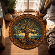 Enchanted Tree Round Rug, Medieval Fantasy Circle Carpet, Lantern Lit Forest Art, Boho Cottagecore Living Room Decor, Mystical Floor Mat