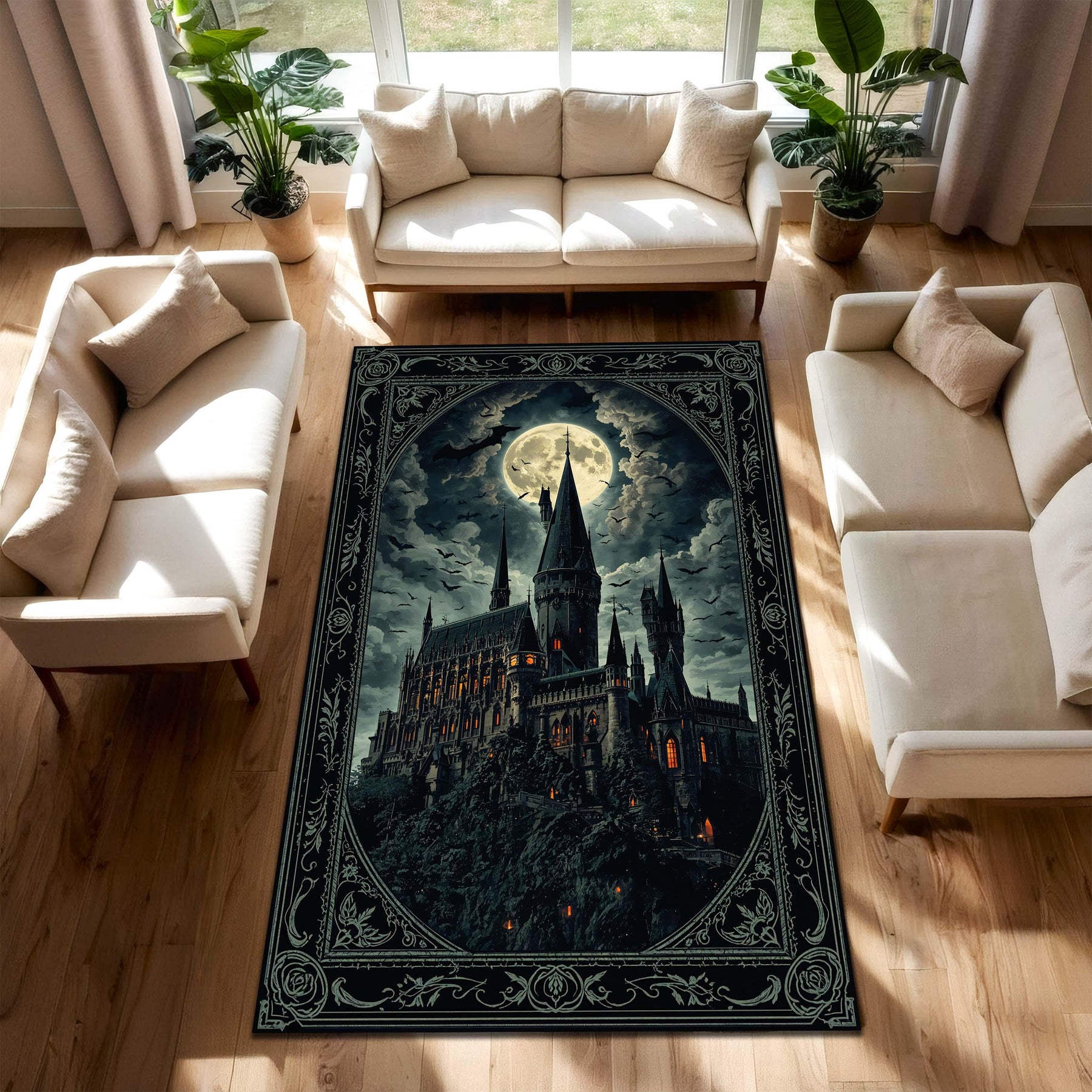 Gothic Castle Rug, Dark Fantasy Aesthetic Area Carpet, Spooky Medieval Decor for Living Room Bedroom, Witchy Halloween Home Gift