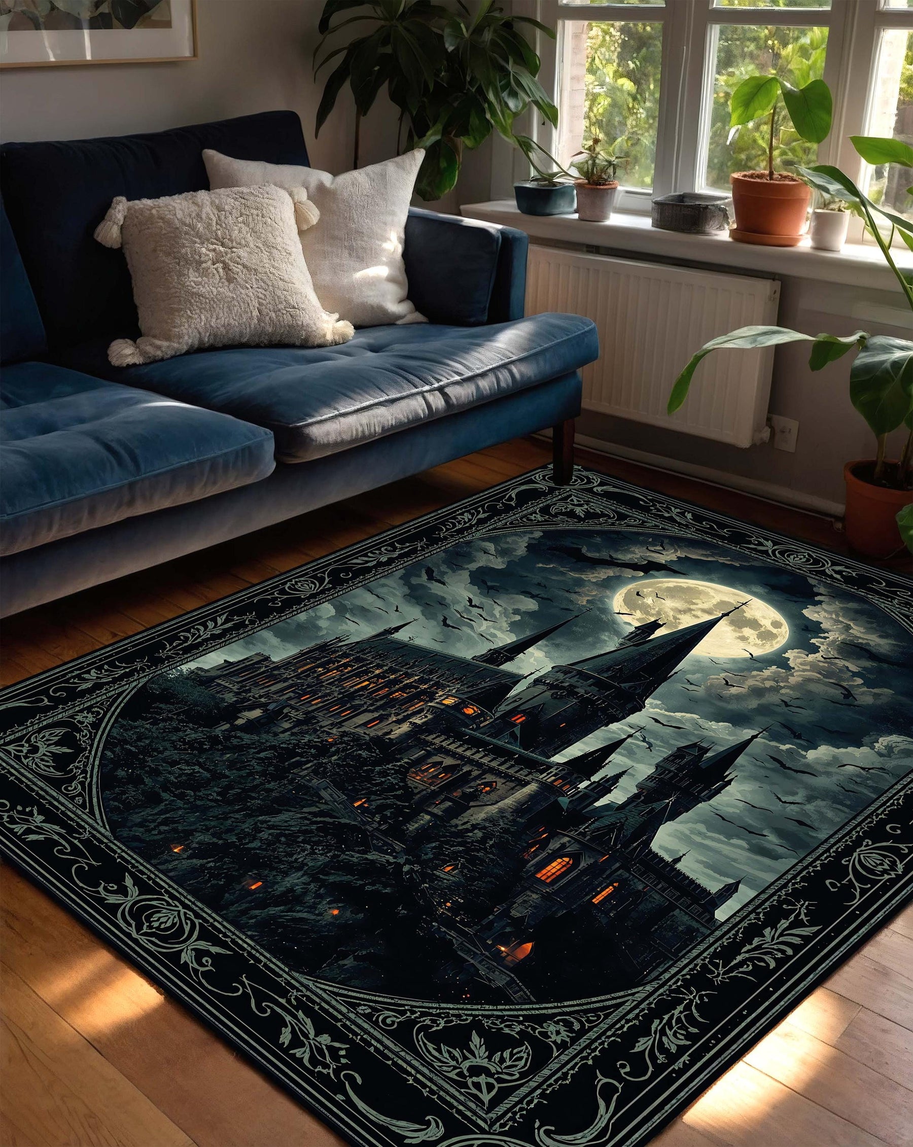 Gothic Castle Rug, Dark Fantasy Aesthetic Area Carpet, Spooky Medieval Decor for Living Room Bedroom, Witchy Halloween Home Gift