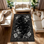 Gothic Black Rose Rug with Moon and Bats – Vintage Floral Area Rug for Living Room Bedroom, Dark Academia Aesthetic Home Decor Carpet