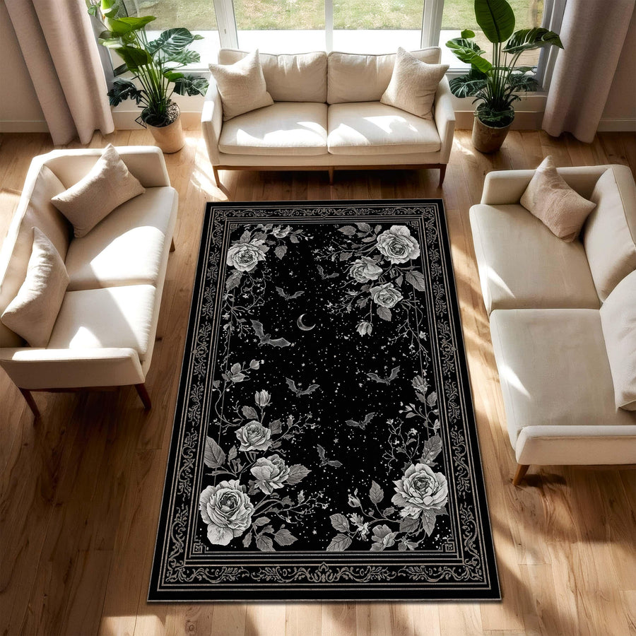 Gothic Black Rose Rug with Moon and Bats – Vintage Floral Area Rug for Living Room Bedroom, Dark Academia Aesthetic Home Decor Carpet