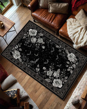 Gothic Black Rose Rug with Moon and Bats – Vintage Floral Area Rug for Living Room Bedroom, Dark Academia Aesthetic Home Decor Carpet