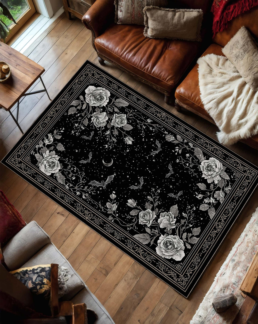 Gothic Black Rose Rug with Moon and Bats – Vintage Floral Area Rug for Living Room Bedroom, Dark Academia Aesthetic Home Decor Carpet