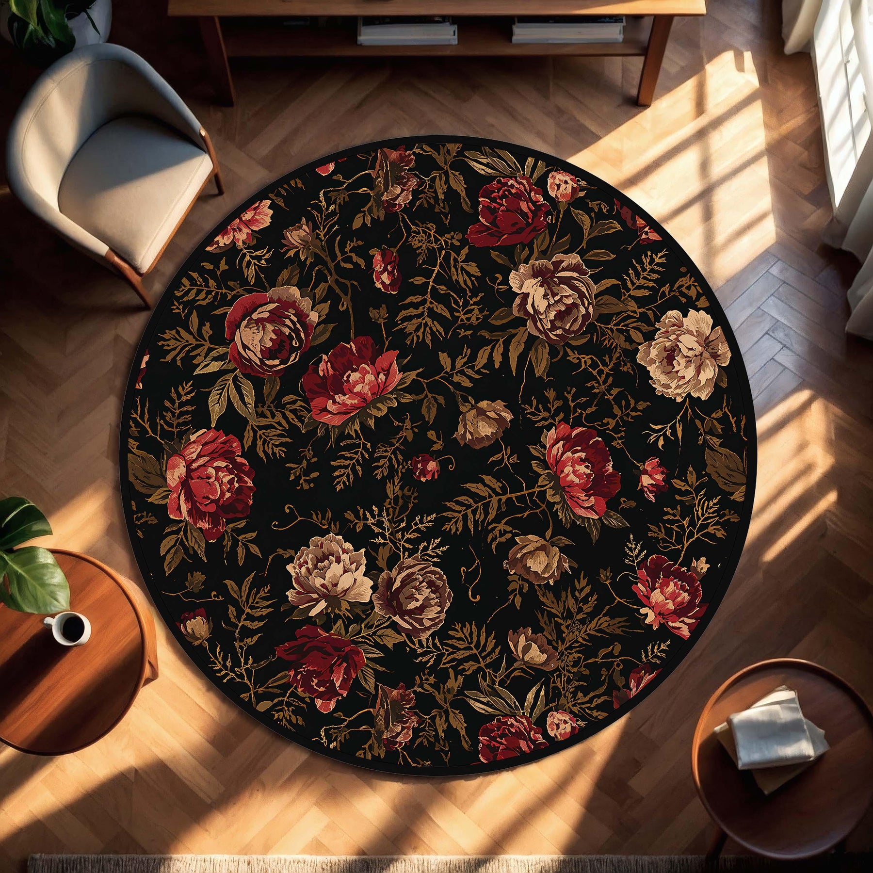 Vintage Floral Round Rug Black Peony Carpet for Living Room Bedroom – Dark Botanical Boho Cottagecore Aesthetic Area Mat Home Decor