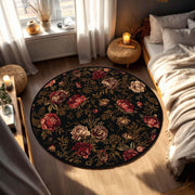 Vintage Floral Round Rug Black Peony Carpet for Living Room Bedroom – Dark Botanical Boho Cottagecore Aesthetic Area Mat Home Decor
