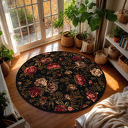 Vintage Floral Round Rug Black Peony Carpet for Living Room Bedroom – Dark Botanical Boho Cottagecore Aesthetic Area Mat Home Decor