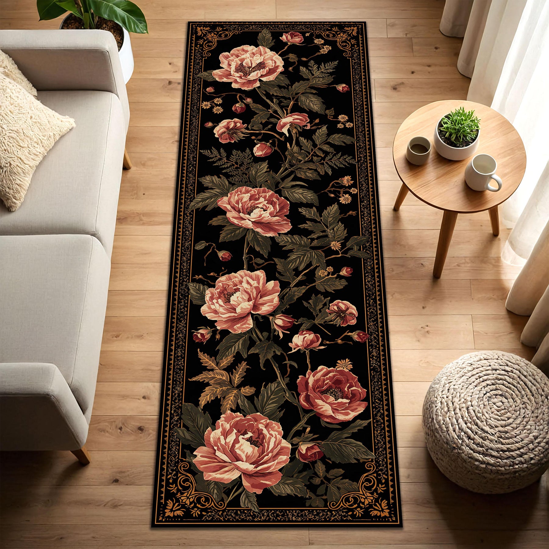 Vintage Floral Runner Rug Black Peony Hallway Carpet, Non Slip Washable Entryway Runner, Antique Rose Botanical Pattern, Kitchen Long Mat