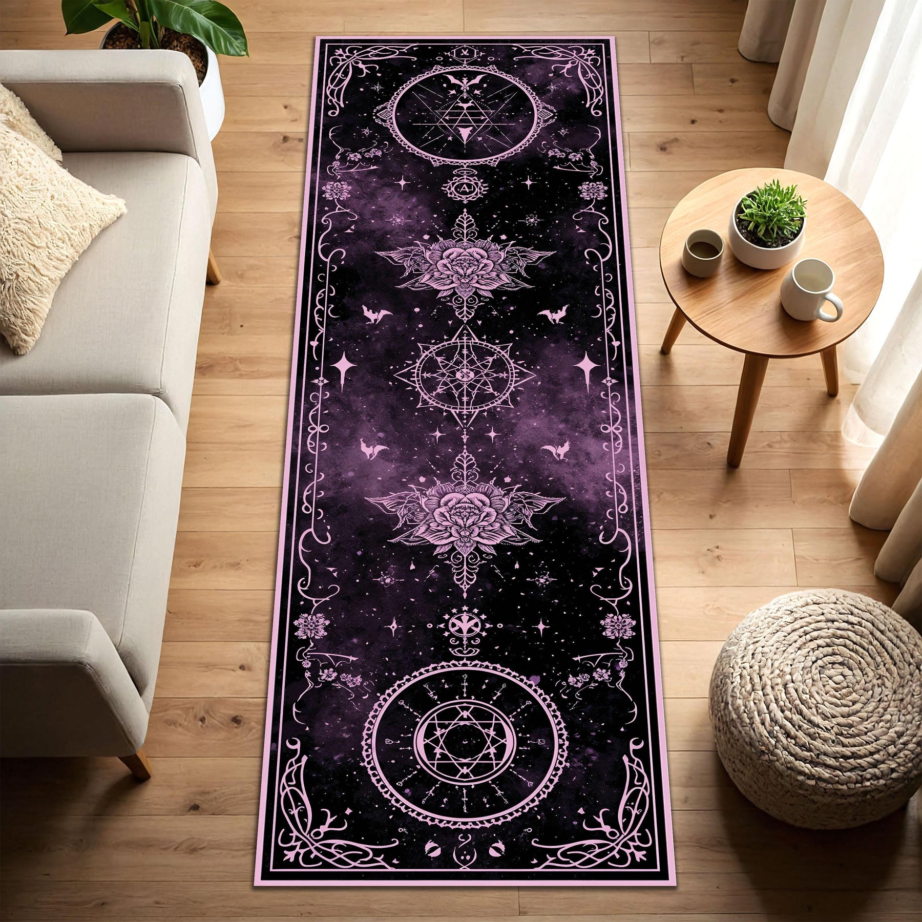 Witchy Celestial Runner Rug in Purple Black Galaxy – Moon Star Mandala Hallway Mat, Gothic Boho Aesthetic, Non Slip Washable Entry Decor