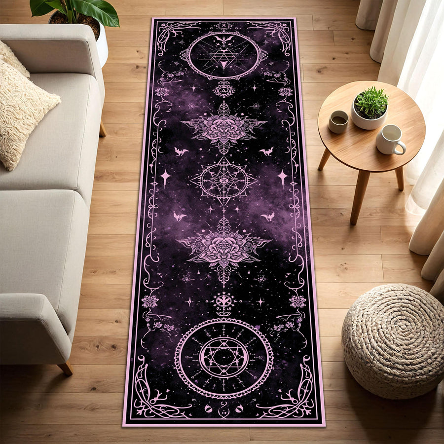 Witchy Celestial Runner Rug in Purple Black Galaxy – Moon Star Mandala Hallway Mat, Gothic Boho Aesthetic, Non Slip Washable Entry Decor