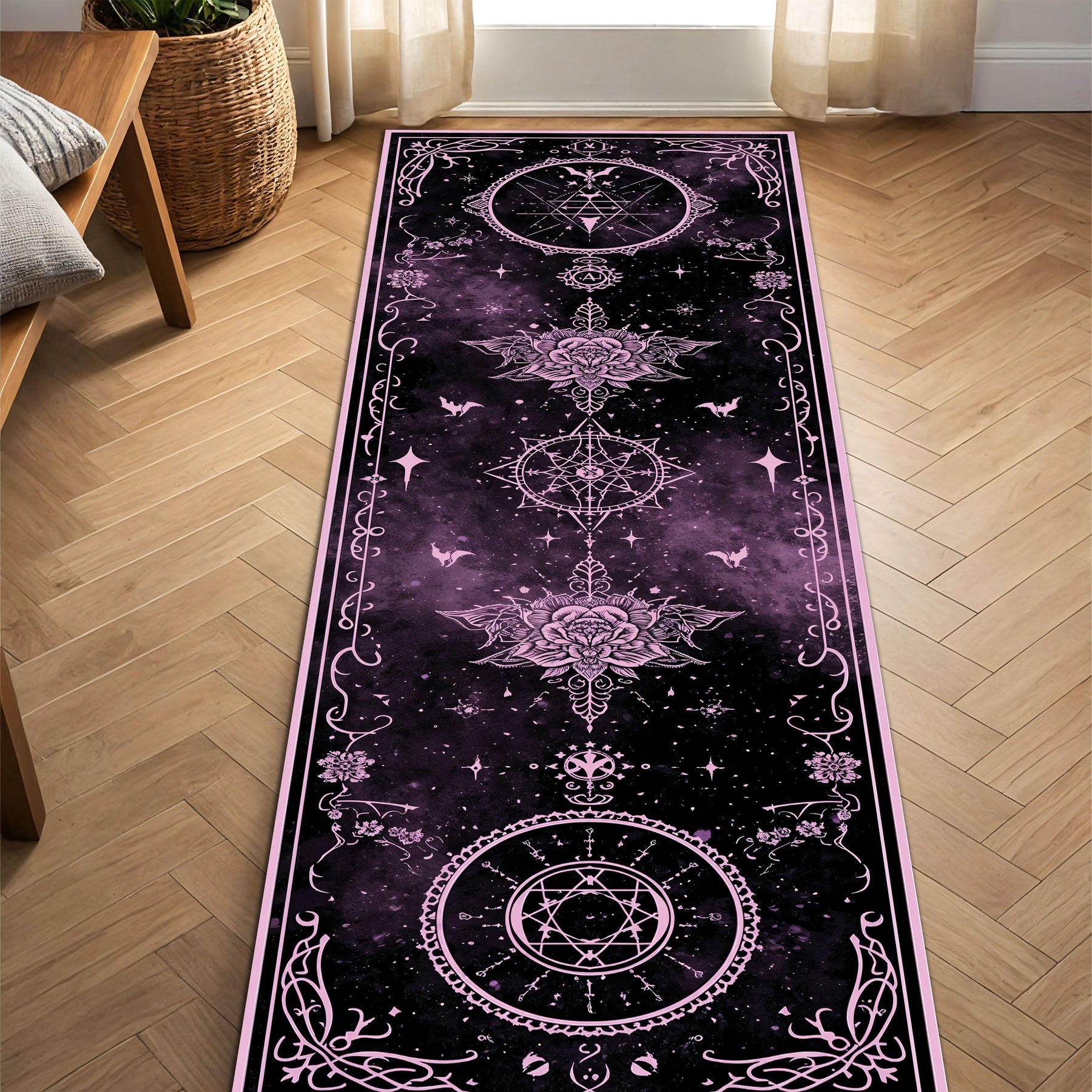 Witchy Celestial Runner Rug in Purple Black Galaxy – Moon Star Mandala Hallway Mat, Gothic Boho Aesthetic, Non Slip Washable Entry Decor