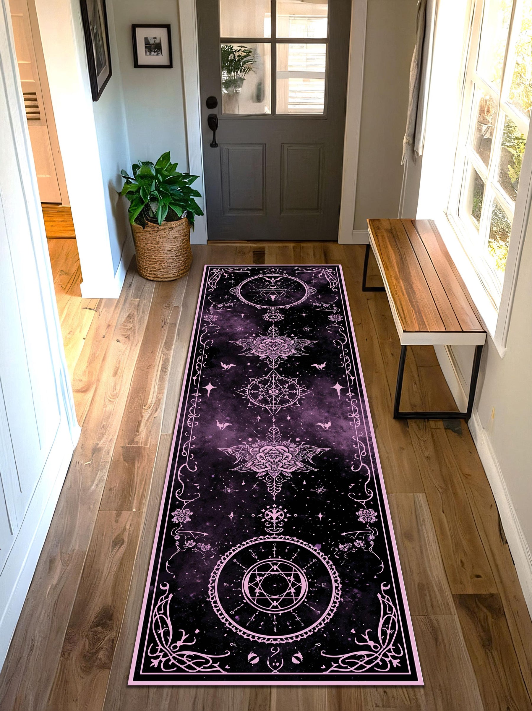 Witchy Celestial Runner Rug in Purple Black Galaxy – Moon Star Mandala Hallway Mat, Gothic Boho Aesthetic, Non Slip Washable Entry Decor